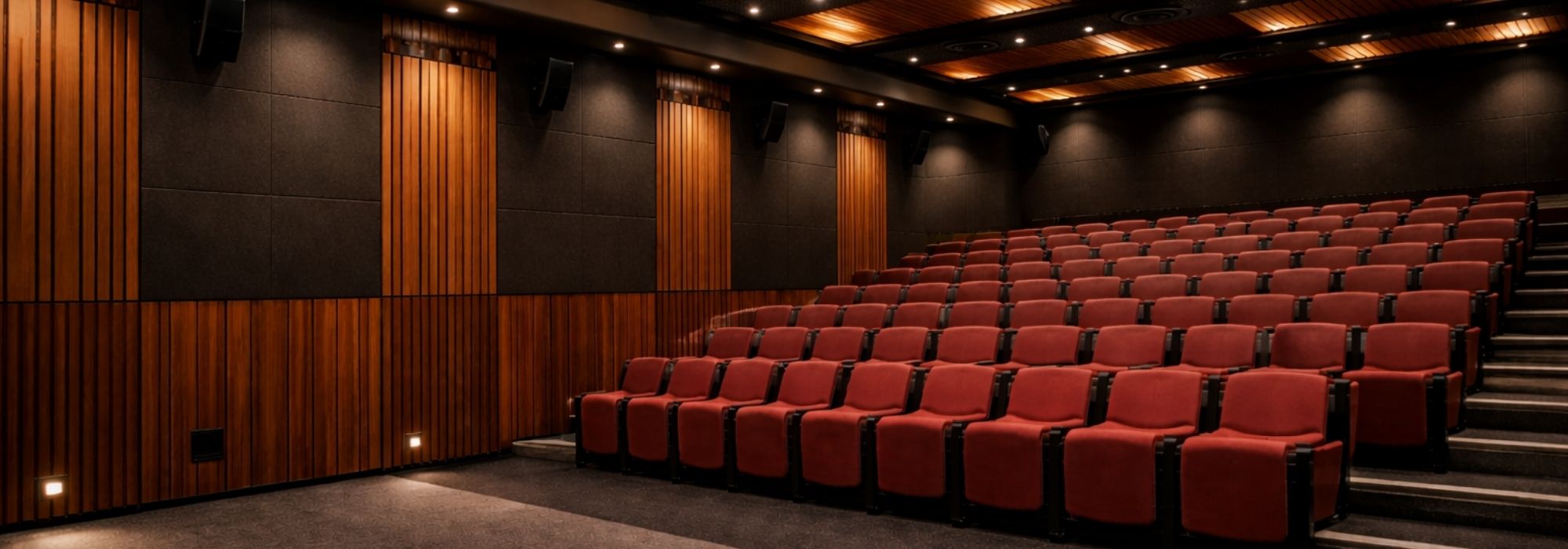 Multiplex cinema auditorium with acoustically treated walls and ceiling